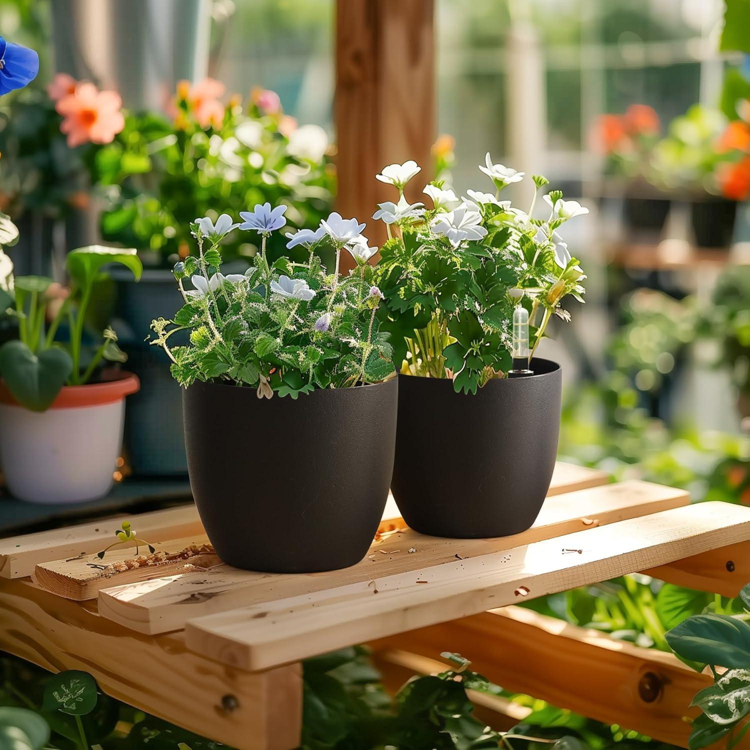 Blumentopf 22cm Selbstwässernd mit Wasseranzeiger Schwarz 4er-Set