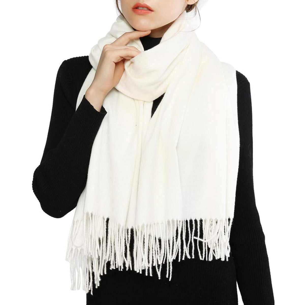 Kuscheliger Damen Schal Winter mit Fransen | Cremefarben