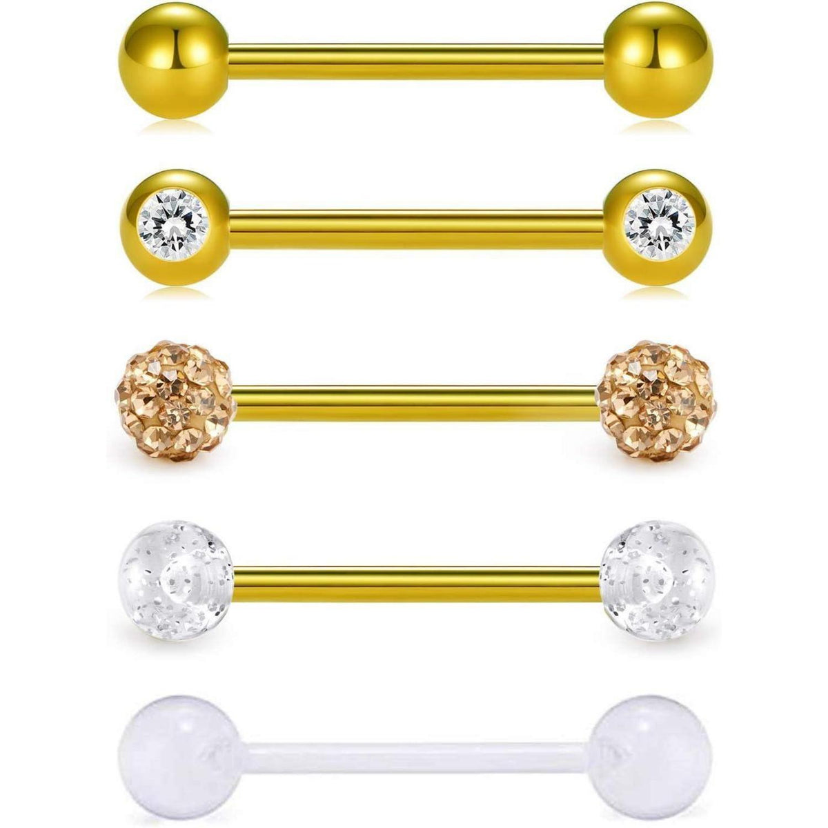 Zungenpiercing Set 5 Stück 16mm Barbell Chirurgenstahl Kunststoff Gold