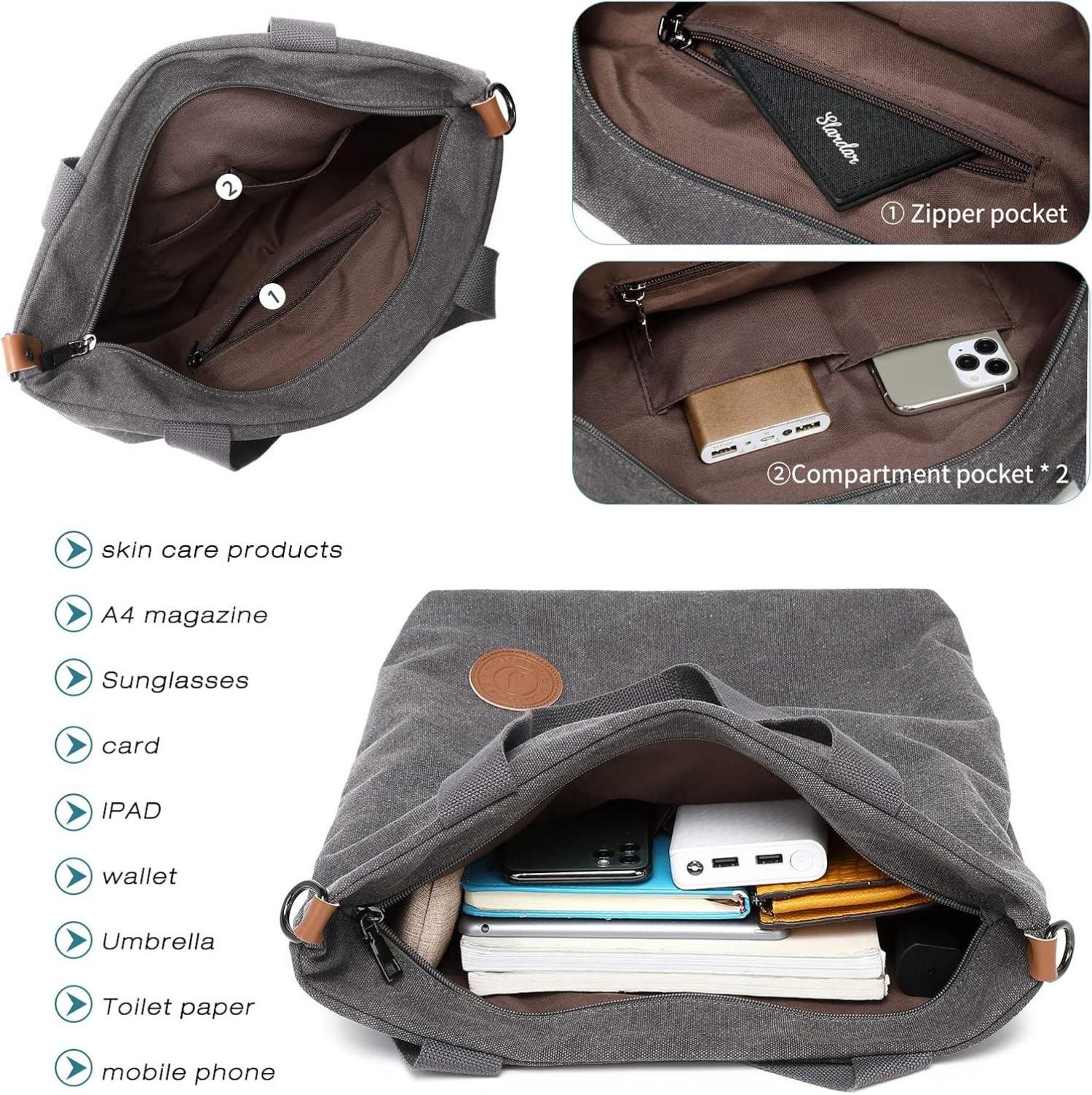 JANSBEN Damen Canvas Handtasche Schultertasche Groß Schwarz