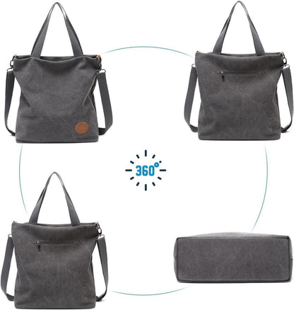 Damen Canvas Handtasche Schultertasche Strandtasche Groß Schwarz