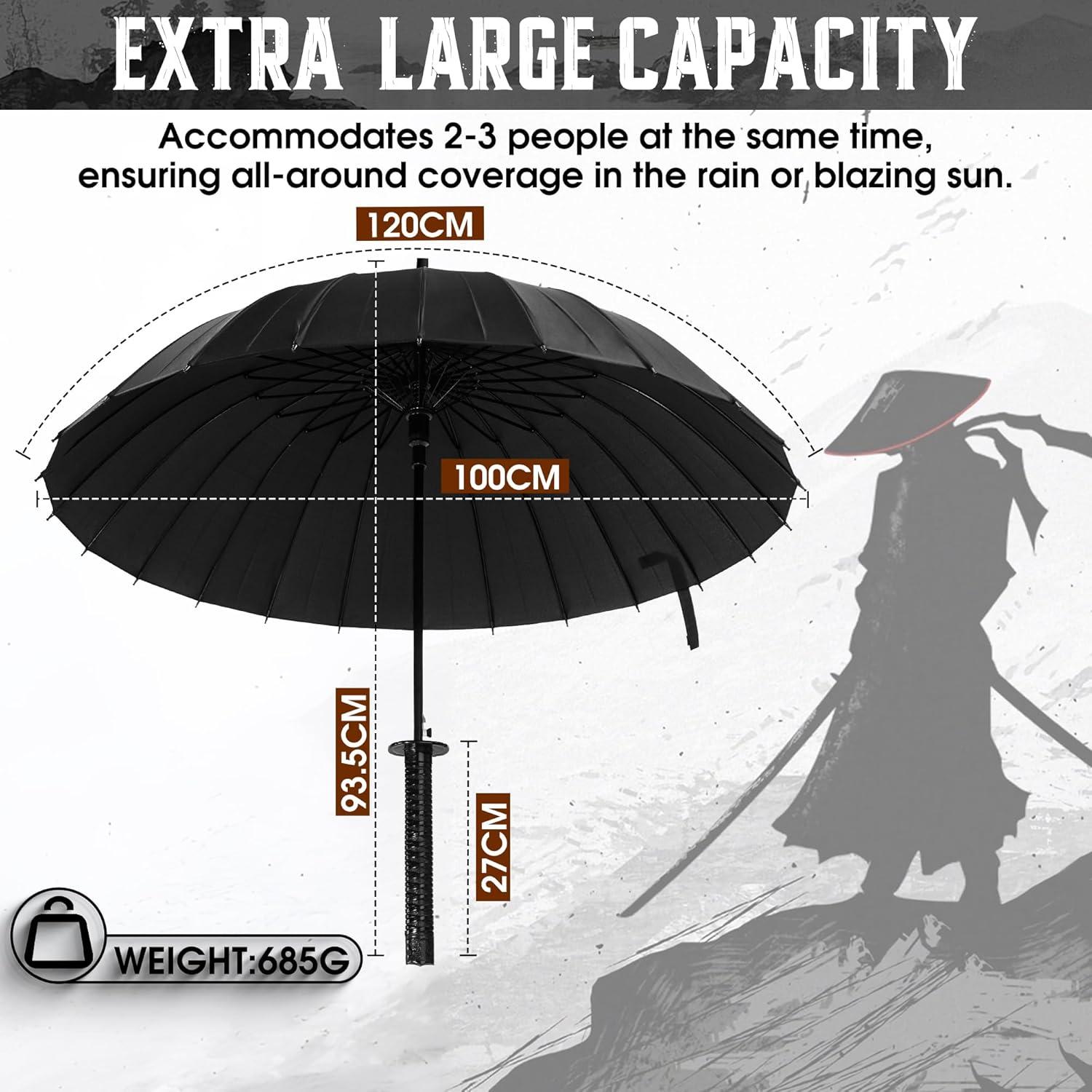 Samurai Schwert Regenschirm Sturmfest Lang Griff 24 Rippen