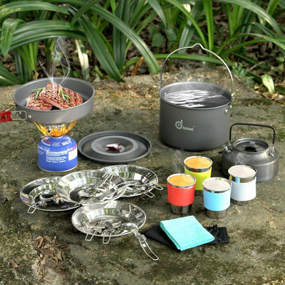 Odoland Camping Geschirr Set 22-teilig Edelstahl Kochgeschirr Outdoor