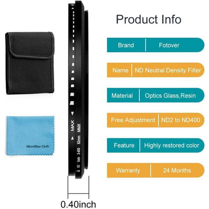 62mm ND Filter Slim Variabler Graufilter ND2-ND400 für DSLR