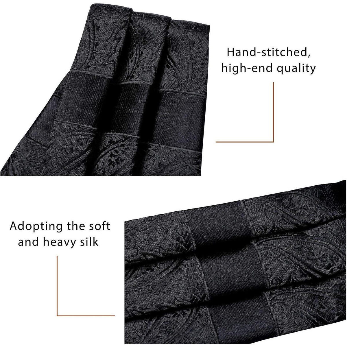 Herren Ascot Krawattenschal Set Paisley Blumen Einstecktuch Schwarz