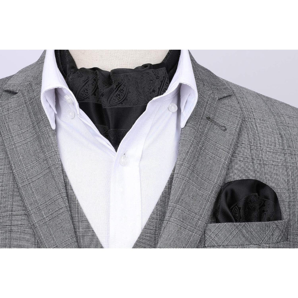 Herren Ascot Krawattenschal Set Paisley Blumen Einstecktuch Schwarz