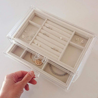 Schmuckschatulle mit 3 Schubladen und Ring-Ohrring Schublade, Creme