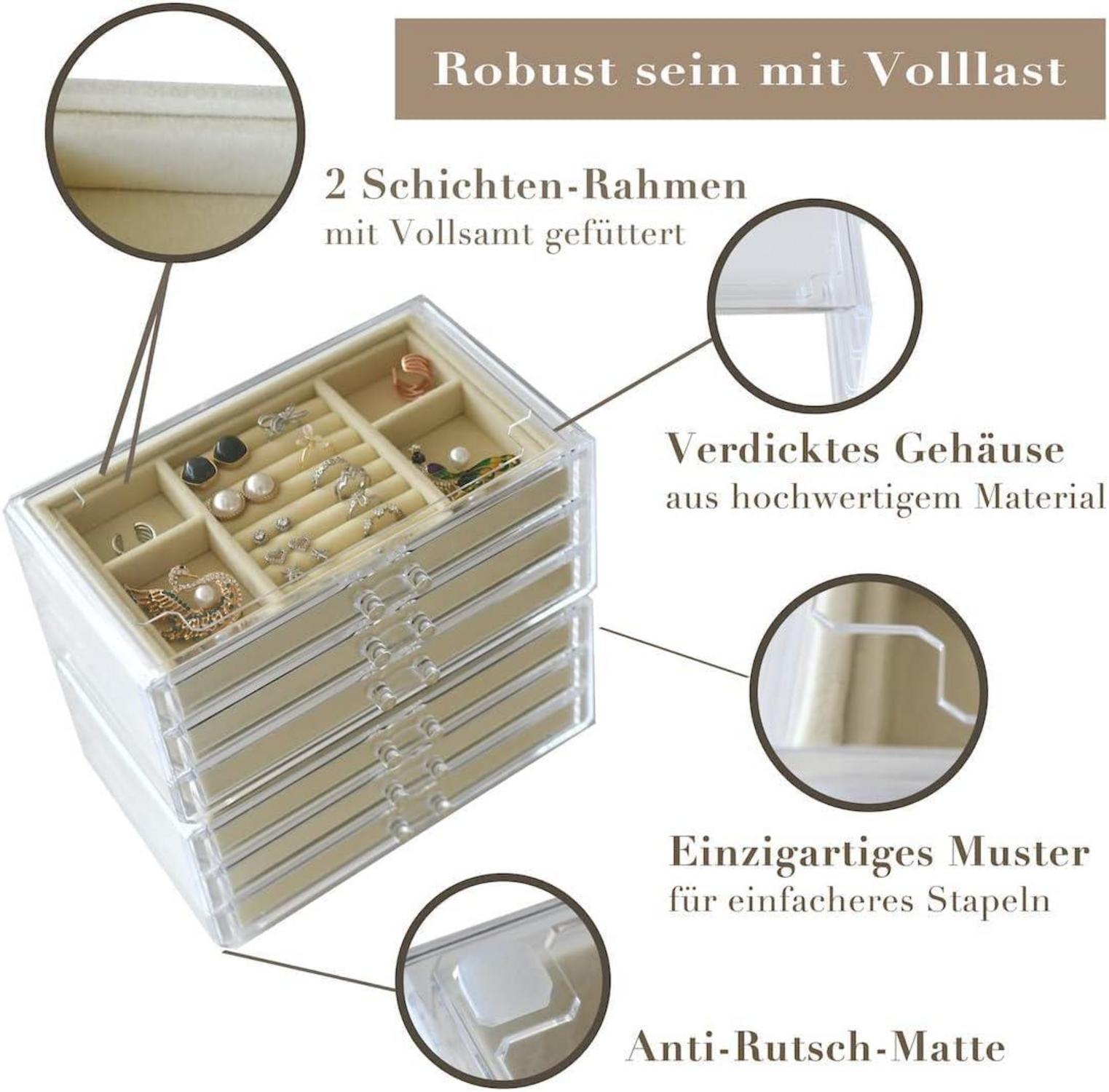Schmuckschatulle mit 3 Schubladen und Ring-Ohrring Schublade, Creme