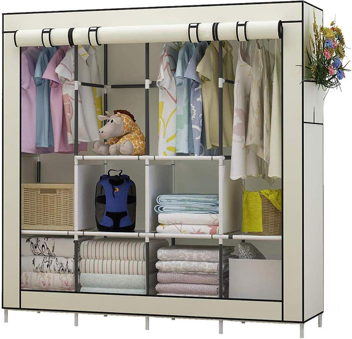 Tragbarer Kleiderschrank mit Stoffbezug und Regalen