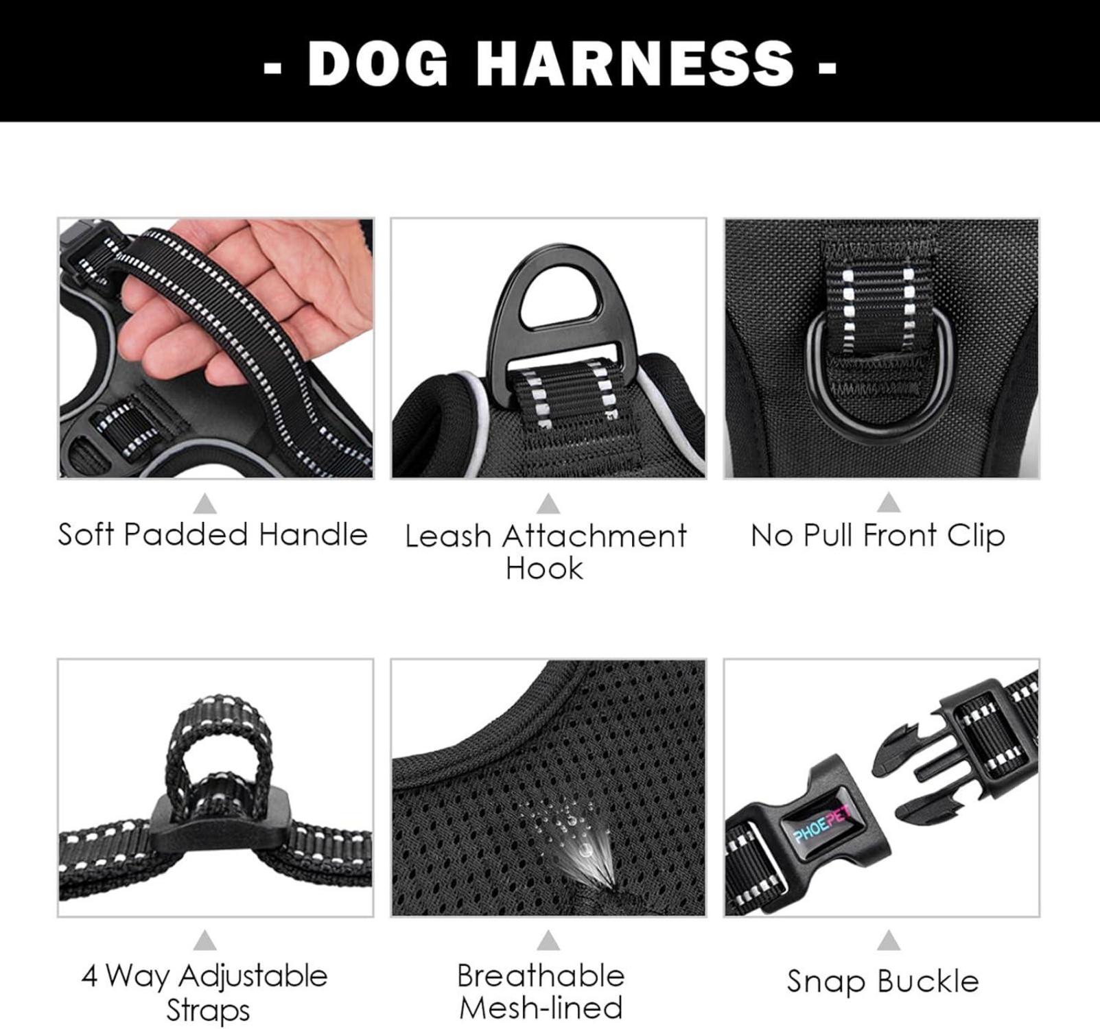 PHOEPET Hundegeschirr ohne Ziehen | Reflektierende Front-Clip-Weste für kleine Hunde | Verstellbar mit Griff & 2 Metallringen | 3 Schnallen | Schwarz