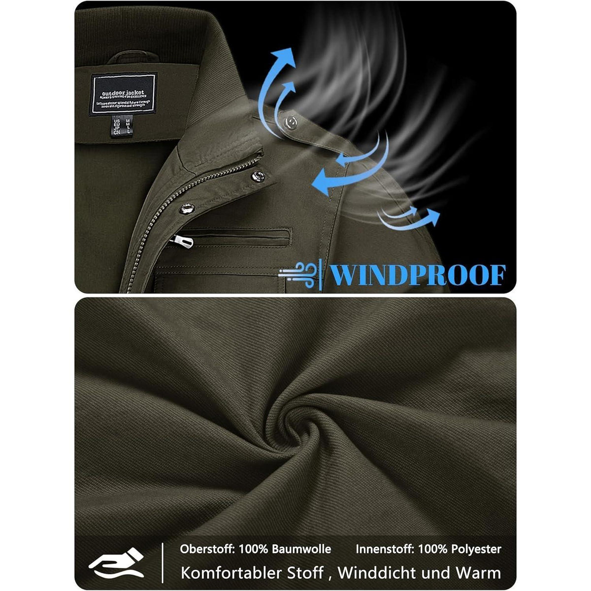 Herren Übergangsjacke Cargo Militärjacke Winddicht mit Taschen