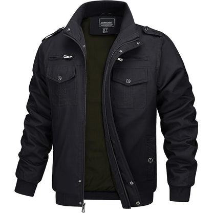 Herren Übergangsjacke Cargo Militärjacke Winddicht Viele Taschen Schwarz