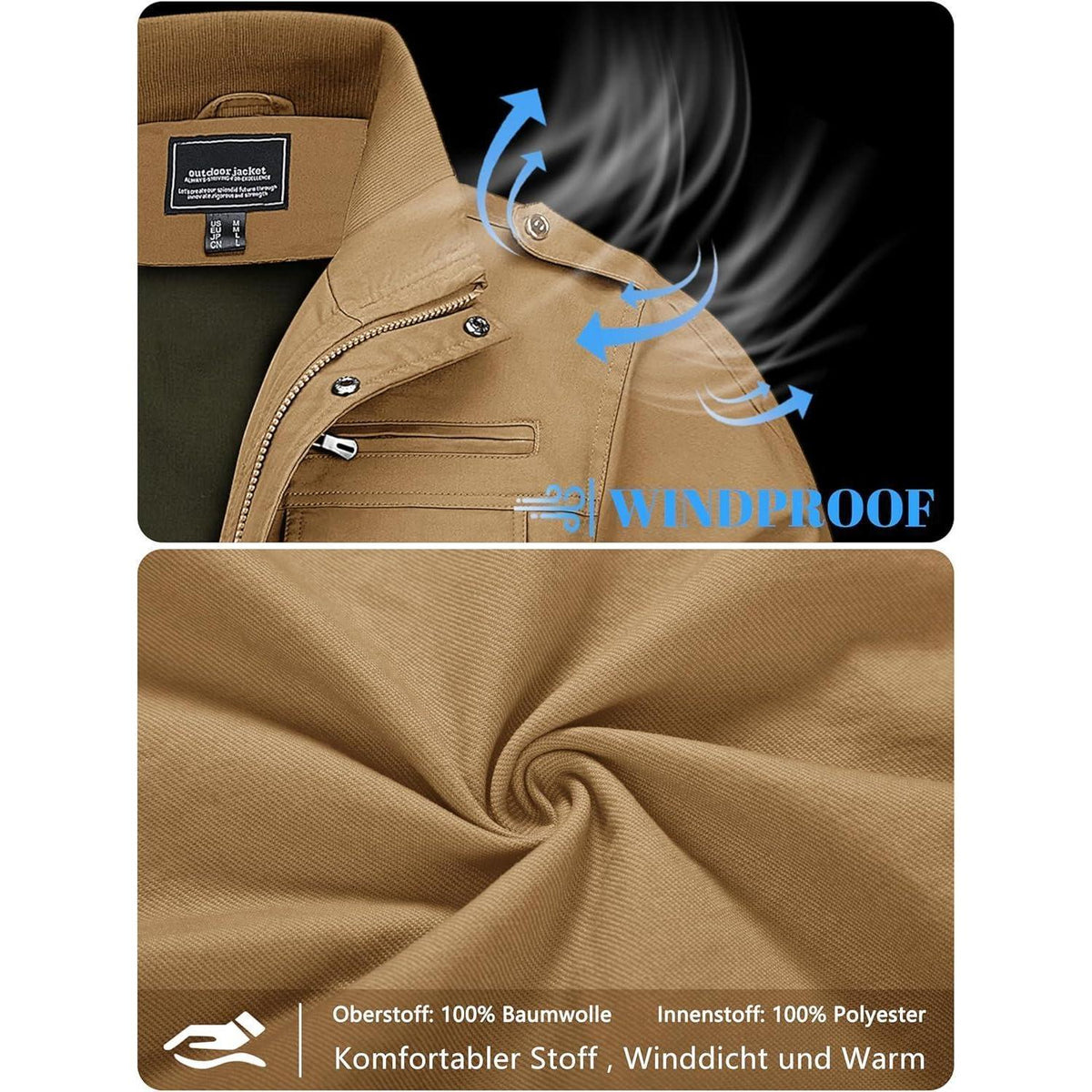 Herren Übergangsjacke Cargo Militärjacke Winddicht Viele Taschen Khaki