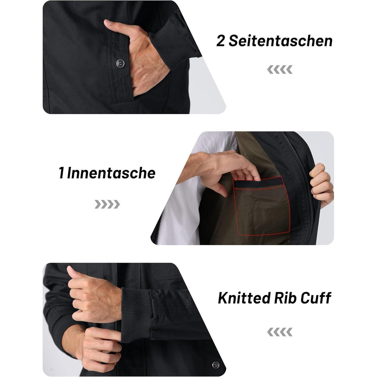 Herren Übergangsjacke Cargo Militärjacke Winddicht Viele Taschen Schwarz