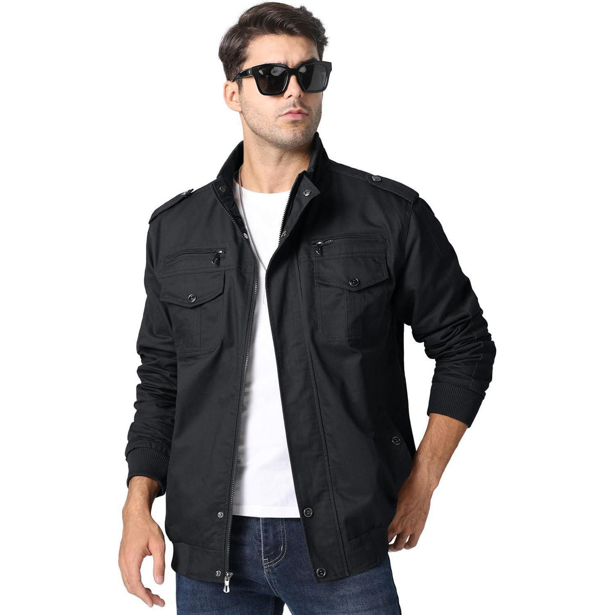 Herren Übergangsjacke Cargo Militärjacke Winddicht Viele Taschen Schwarz