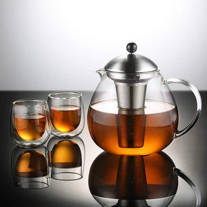 Silberne Glas Teekanne 1500ml Edelstahl Teesieb Borosilikat Teebereiter