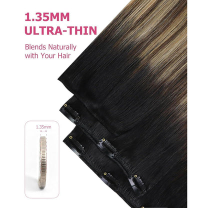 Clip-in Echthaar Extensions Schwarz Balayage Braun Blond