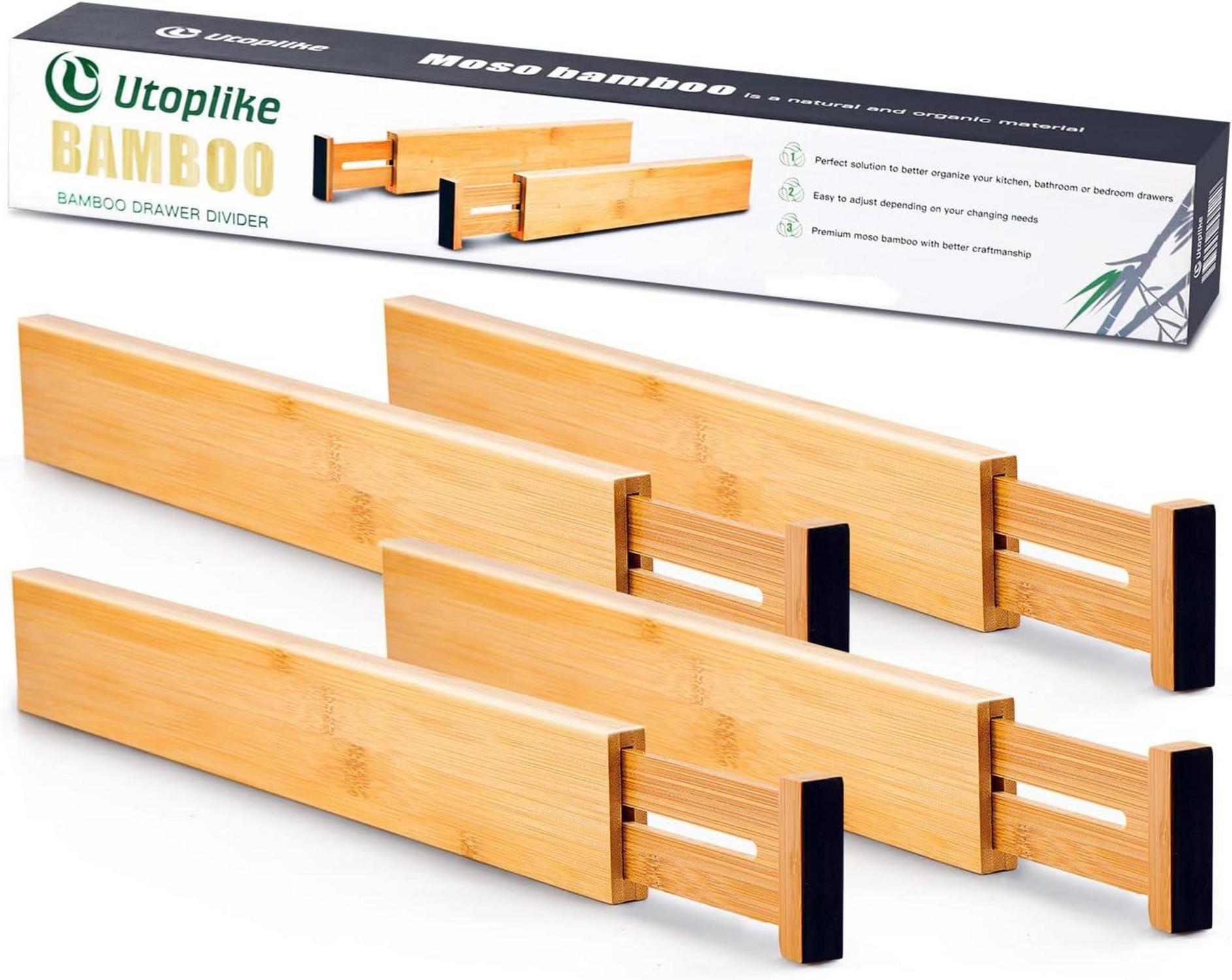 Verstellbarer Bambus Schubladentrenner 4er-Pack Utoplike Schubladenorganizer