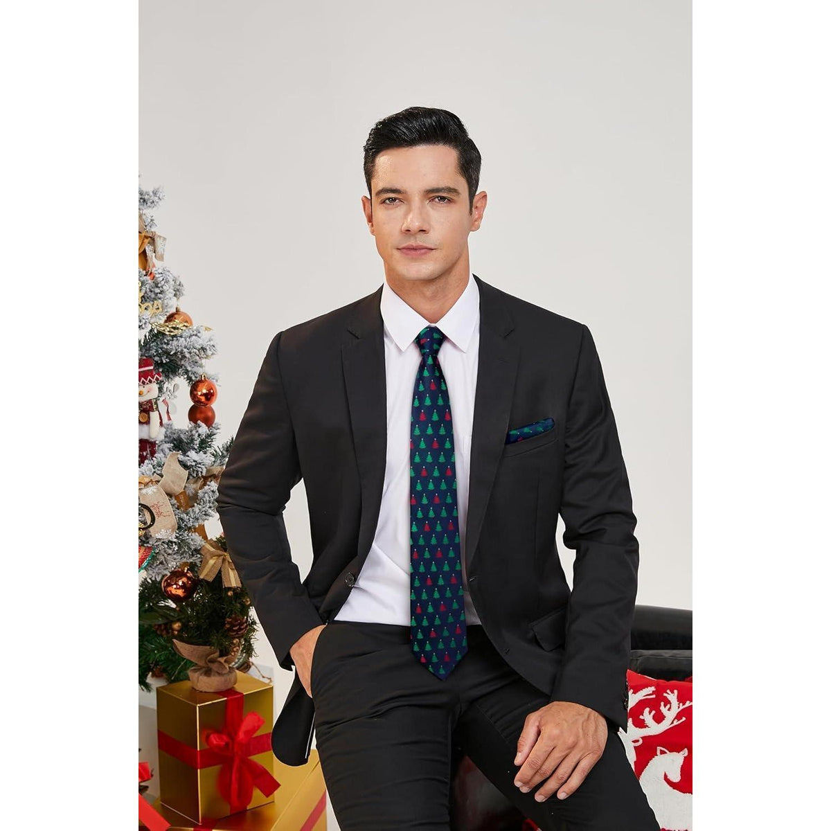 Herren Weihnachts Krawatte & Einstecktuch Set mit Baum Muster