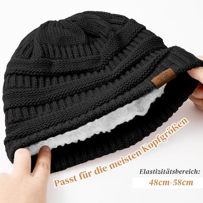 Grobstrick Mütze Damen Winter Beanie mit Fleece-Futter Schwarz