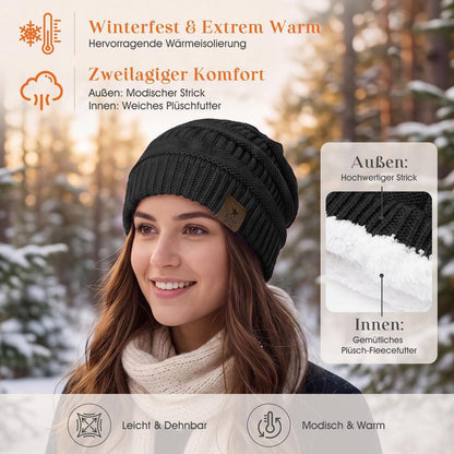 Grobstrick Mütze Damen Winter Beanie mit Fleece-Futter Schwarz