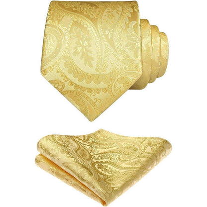 Herren Krawatten Set mit Einstecktuch Paisley Jacquard Gold