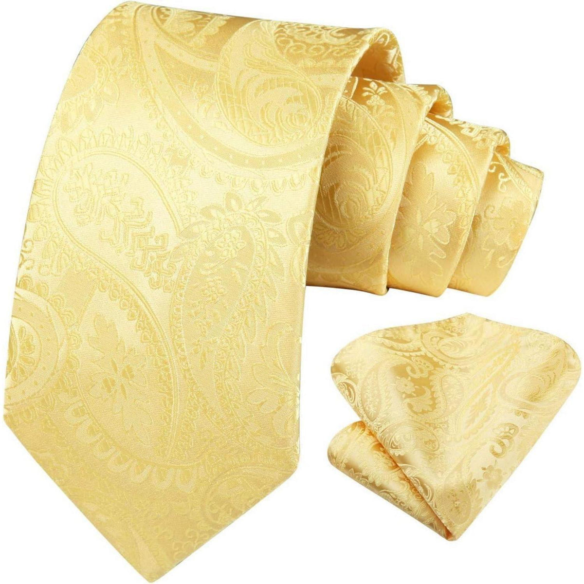 Herren Krawatten Set mit Einstecktuch Paisley Jacquard Gold