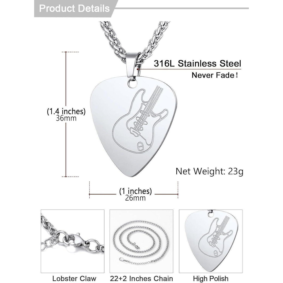 E-Gitarre Plektrum Halskette Edelstahl für Damen Herren