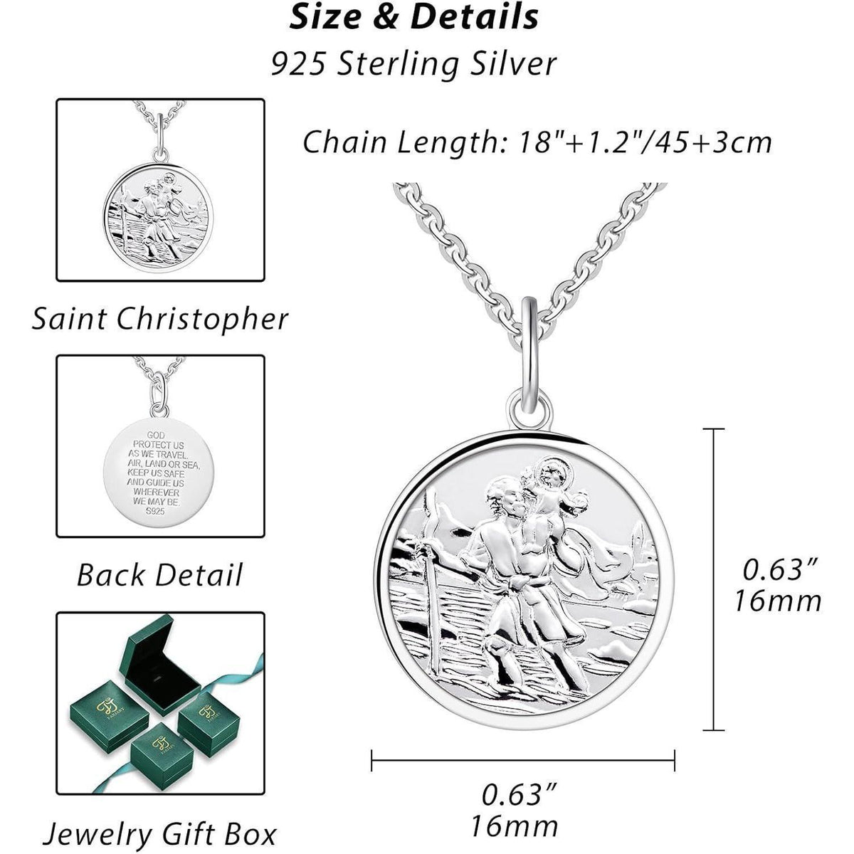 Heiliger Christophorus Kette 925 Sterling Silber Medaille Schutzanhänger