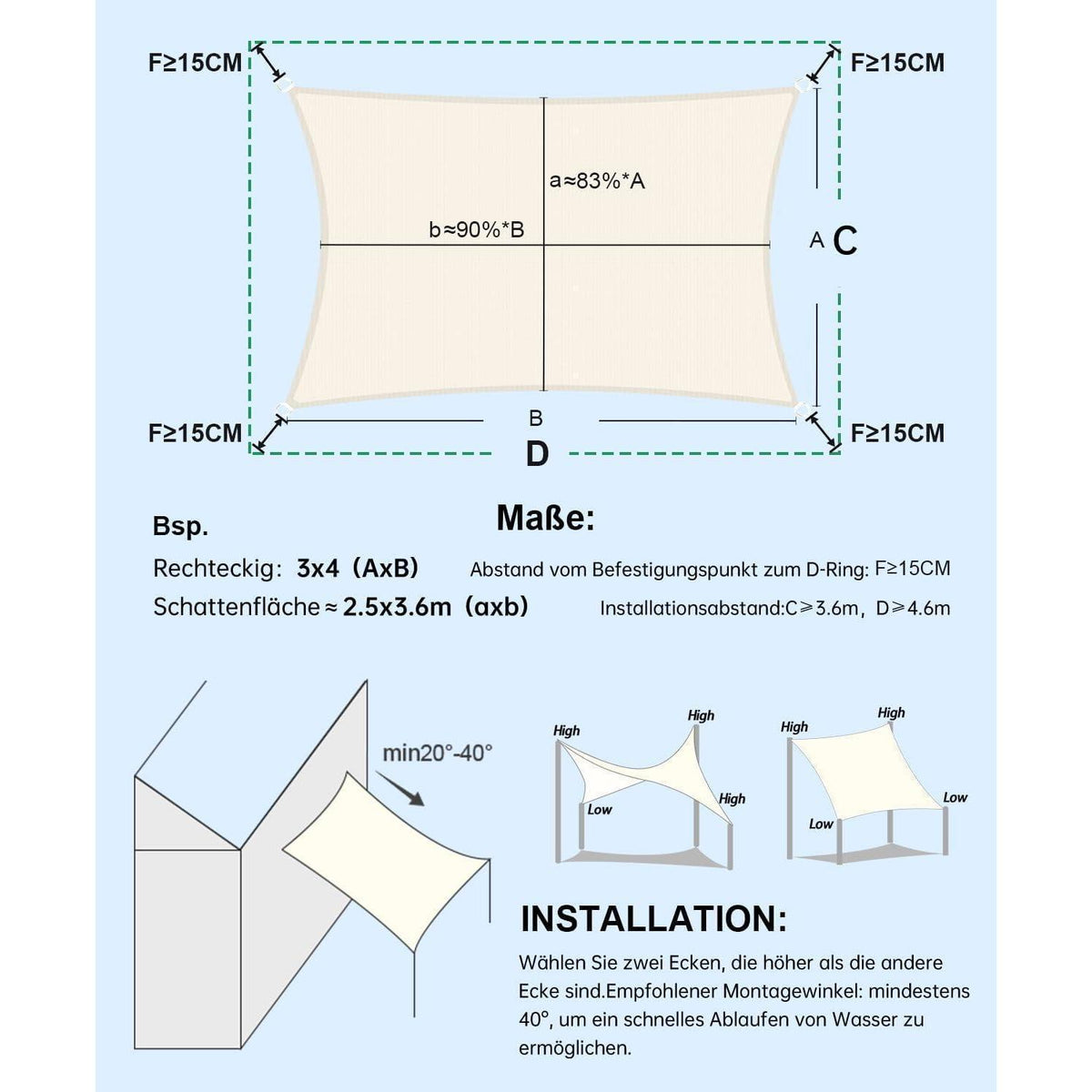 Wasserdichtes Sonnensegel 4x6m Cremeweiß UV-Schutz für Garten & Terrasse