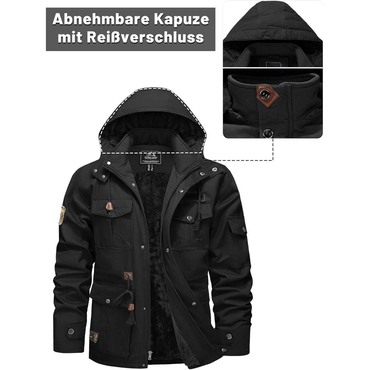 Herren Winterjacke Gefüttert Fleece Militärjacke Schwarz