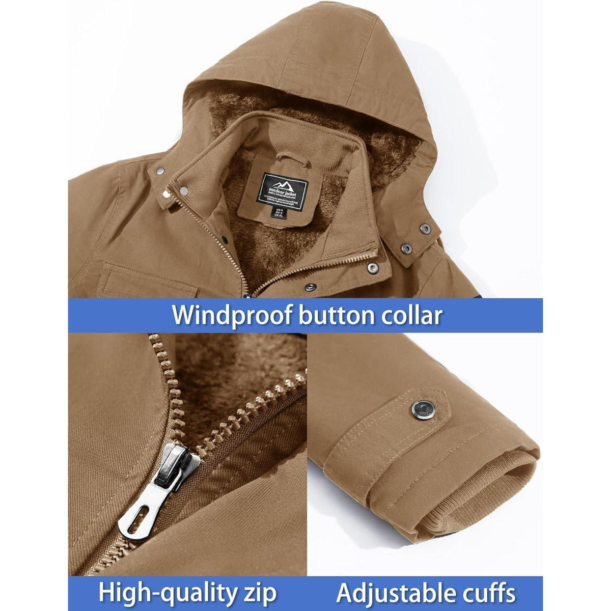 Herren Winterjacke Warm Gefüttert Militärstil Khaki M