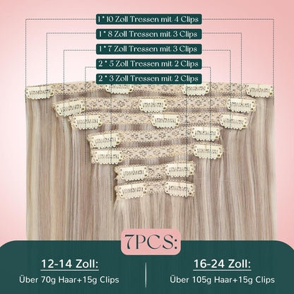 Clip-in Echthaar Extensions Blond Aschblond Gelb 40cm