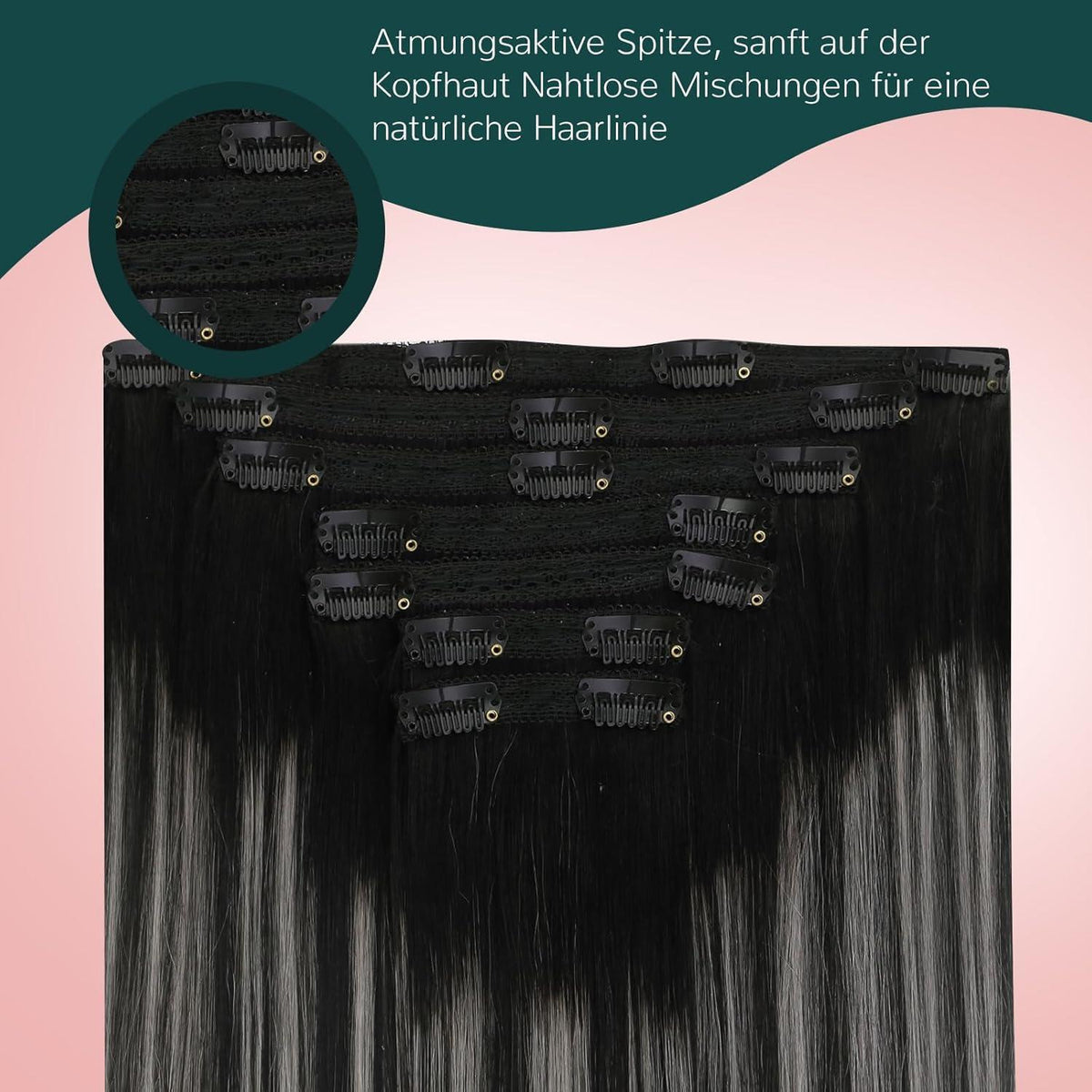 Clip-in Echthaarverlängerung Schwarz-Silber Mix 50cm