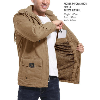 Herren Winterjacke gefüttert Fleece Parka mit Kapuze Khaki