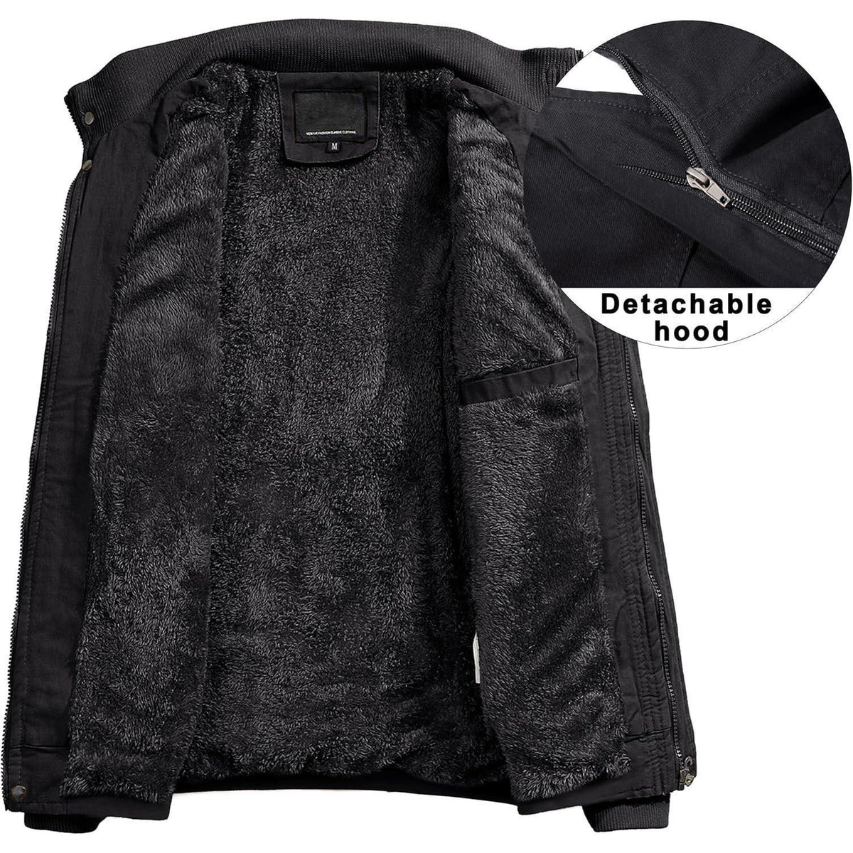 Herren Winterjacke gefüttert Fleece Parka mit Kapuze Schwarz