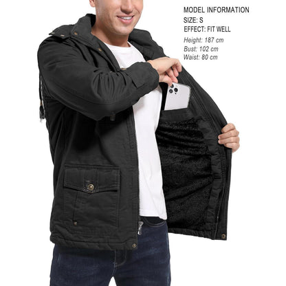 Herren Winterjacke gefüttert Fleece Parka mit Kapuze Schwarz
