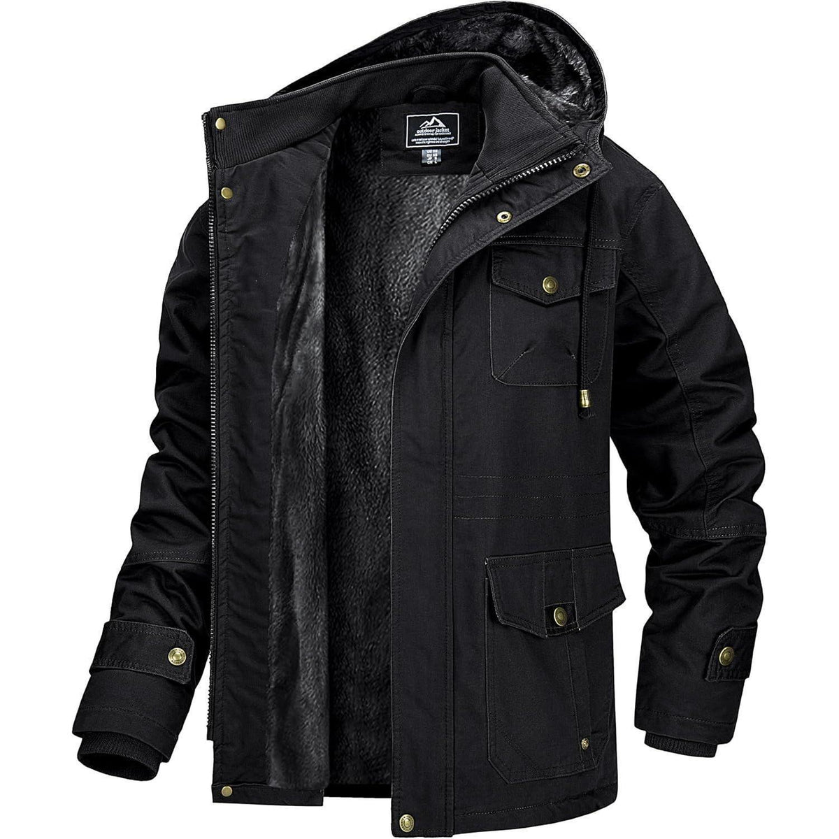 Herren Winterjacke gefüttert Fleece Parka mit Kapuze Schwarz XL