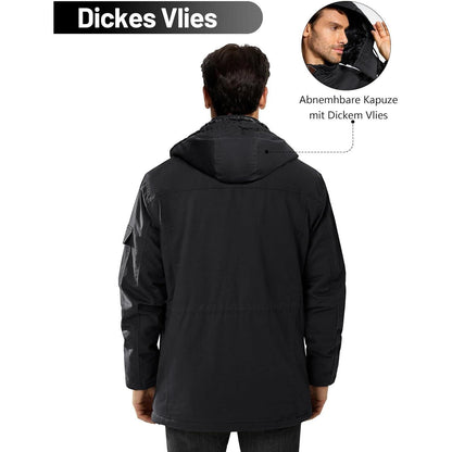 Herren Winterparka Fleecegefüttert mit Taschen & Kapuze Schwarz