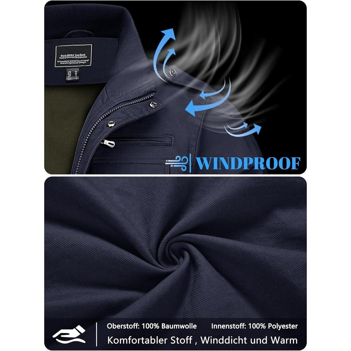 Herren Übergangsjacke Cargo Militär Winddicht mit Taschen Navy 3XL