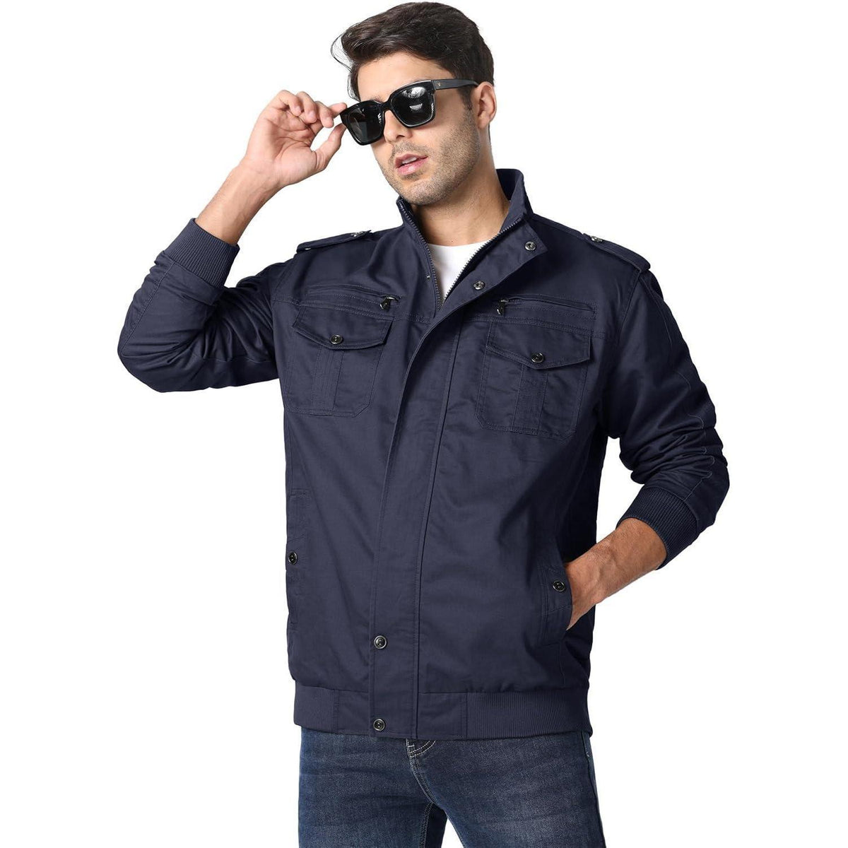 Herren Übergangsjacke Cargo Militär Winddicht Viele Taschen Navy