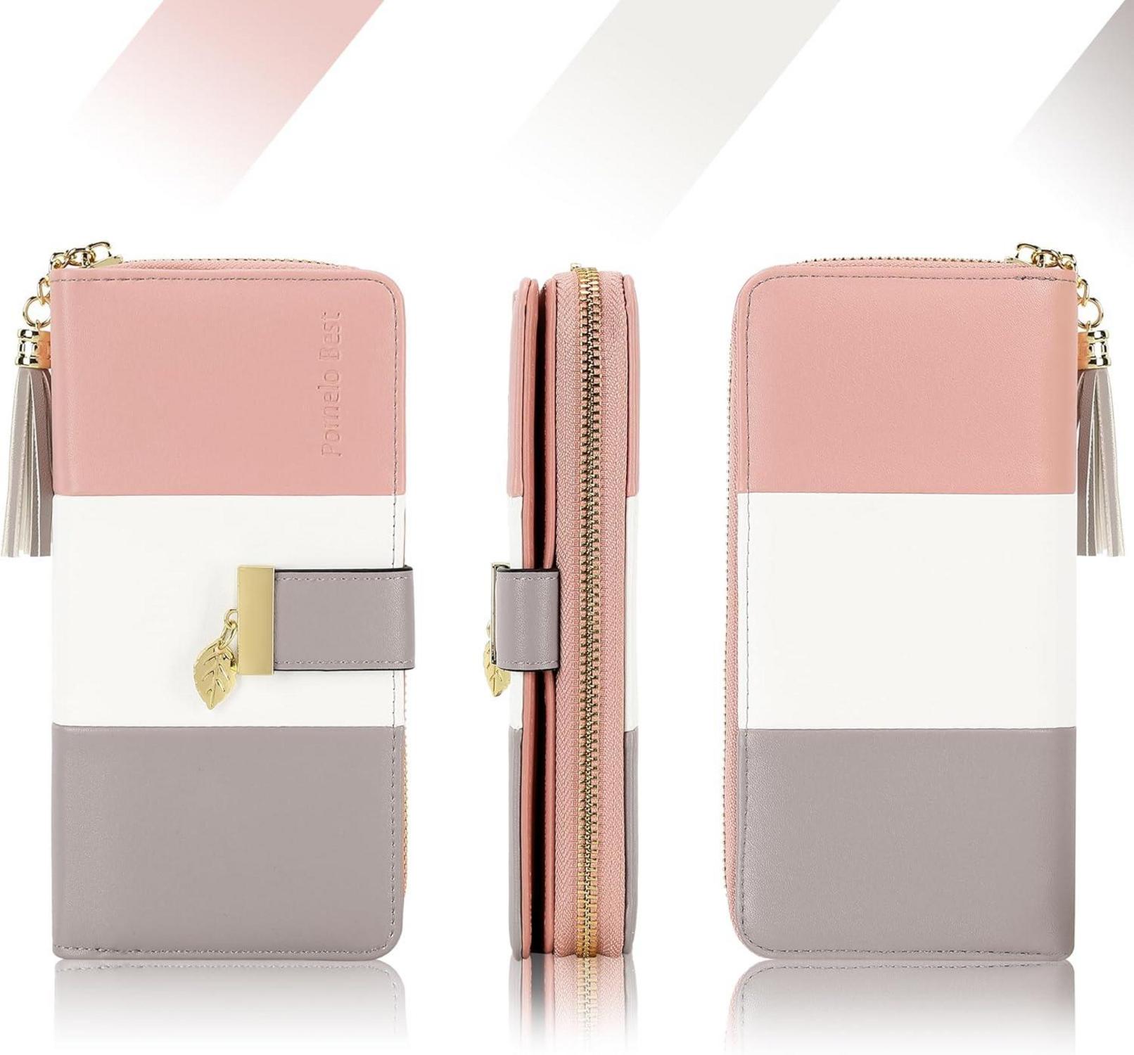 Damen Geldbörse RFID Schutz Scheckheft Kartenhalter 12 Karten klassisch gestreift Grau Weiß Rosa M