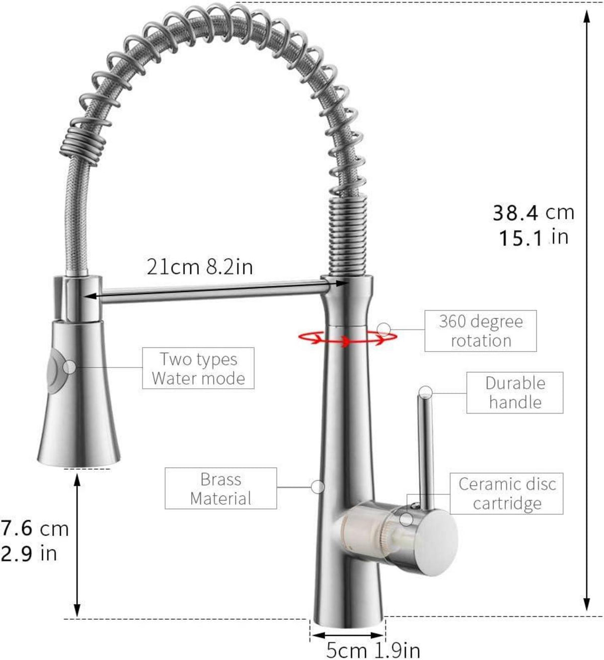 Niederdruck Küchenarmatur mit Spiralfeder 360° drehbar