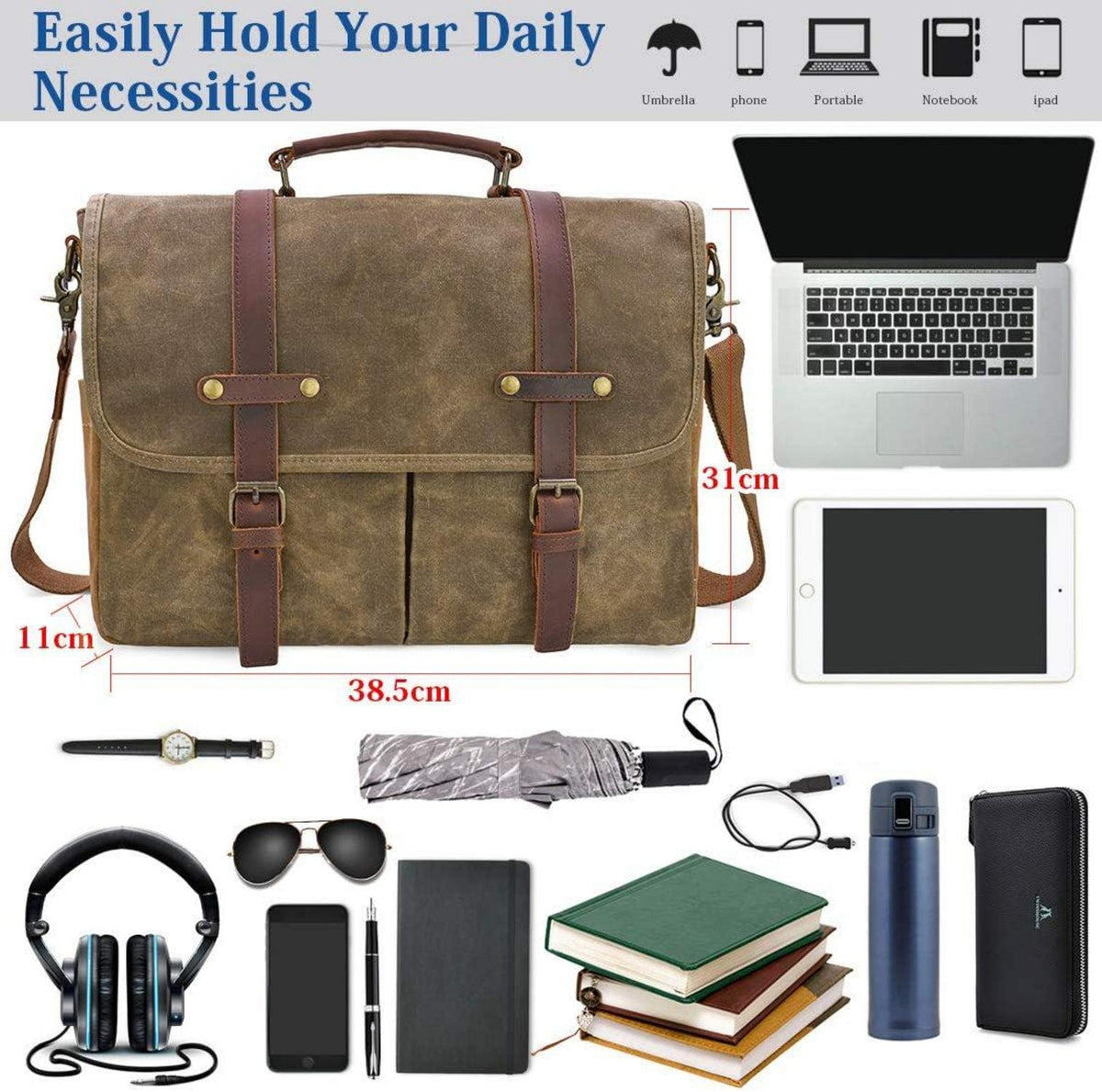 Umhängetasche Herren Vintage Canvas Laptoptasche Wasserdicht 15.6 Zoll