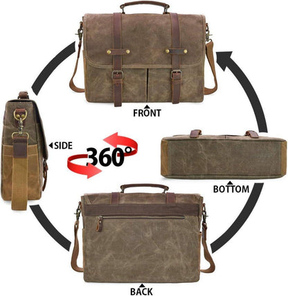 Herren Umhängetasche Laptoptasche 15.6 Vintage Canvas Leder Khaki