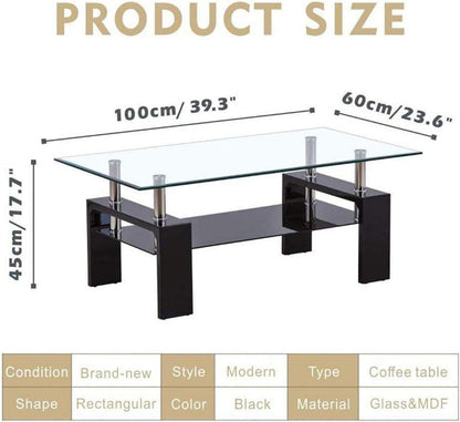 Moderne Glas Couchtisch Schwarz Hochglanz 100x60x45 cm