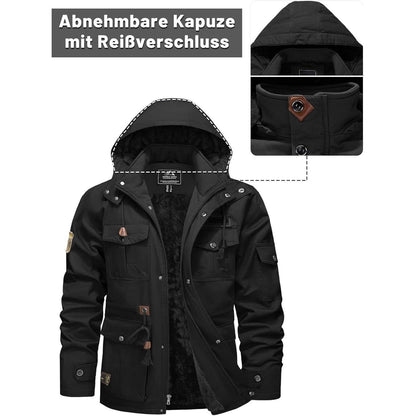Herren Winterjacke Warm Gefüttert Militärstil Schwarz XL