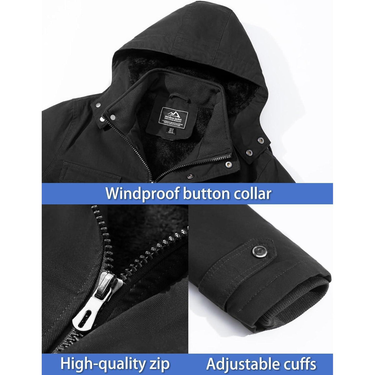 Herren Winterjacke Warm Gefüttert Militärstil Schwarz XL