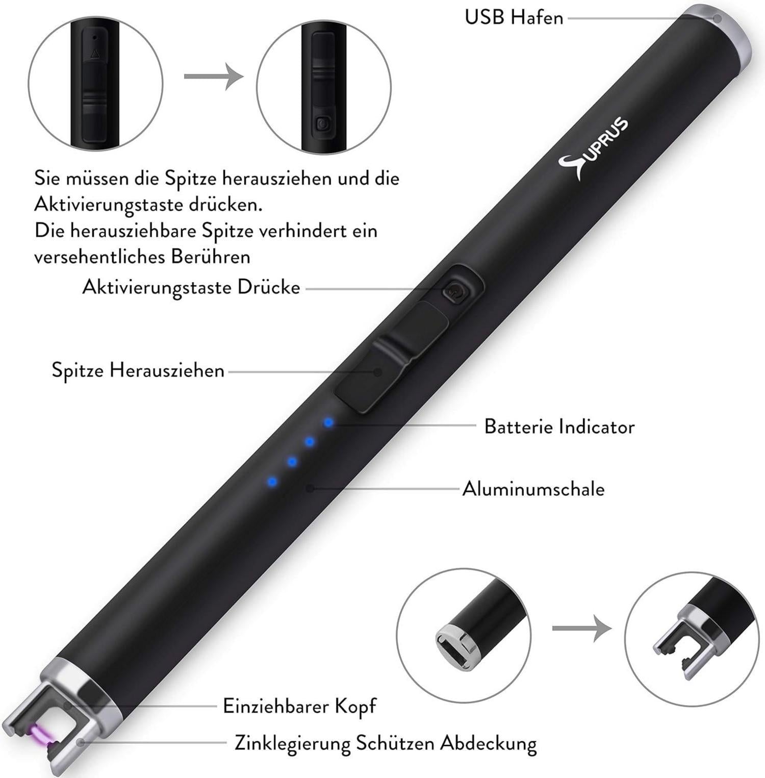 Elektronisches Plasma-Stabfeuerzeug USB Aufladbar Schwarz