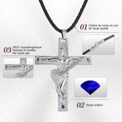AFSTALR Johnny Hallyday Halskette Edelstahl Gitarrenkreuz Anhänger - JH Signature Designs JH-2-Zeichen+Datum